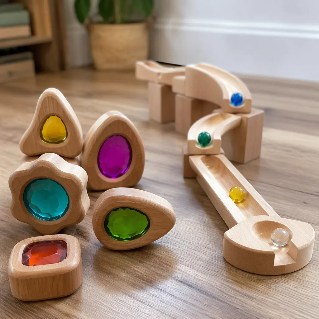 Organic wooden blocks with colorful inserts arranged beside a marble run