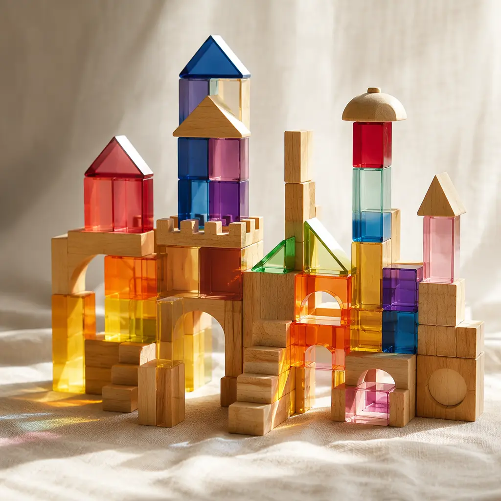 Colorful wooden building blocks arranged into a castle-like structure on a neutral surface