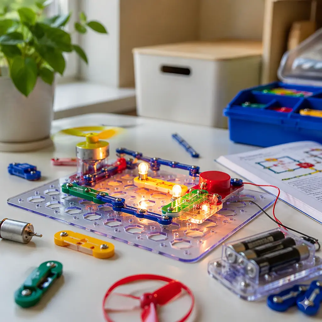 Beginner circuit toy pieces connected on a desk with glowing bulbs