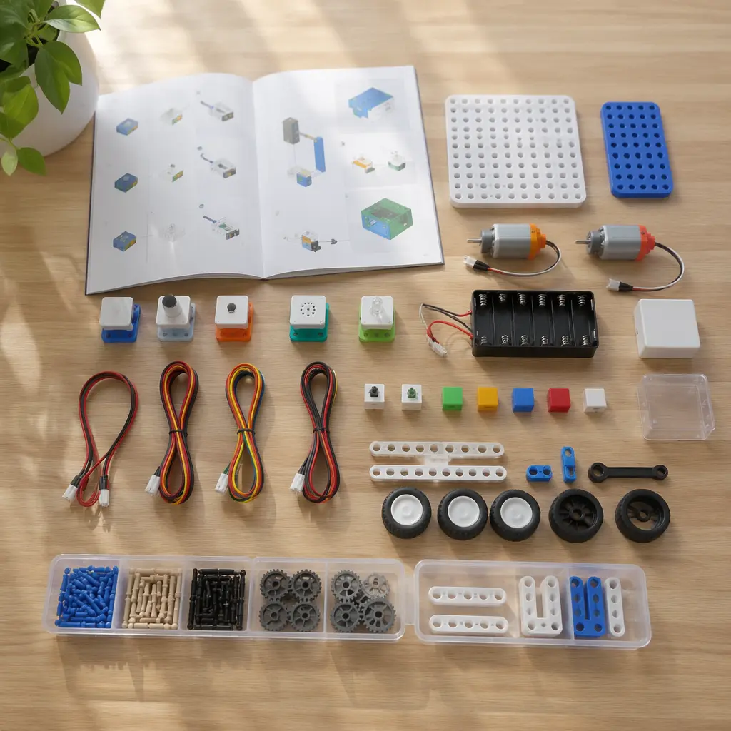 Educational circuit kit parts arranged neatly on a workspace