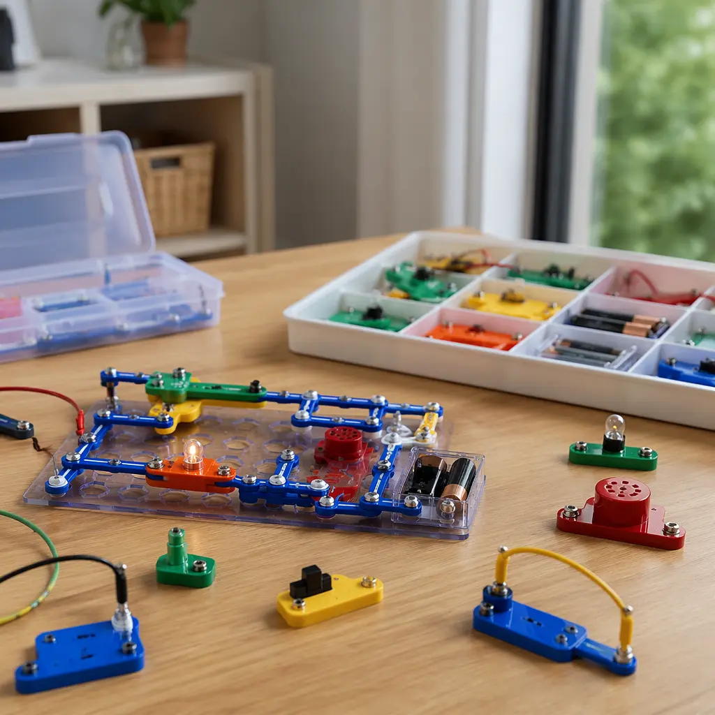 Screen-free beginner circuit toy components arranged on a wooden table