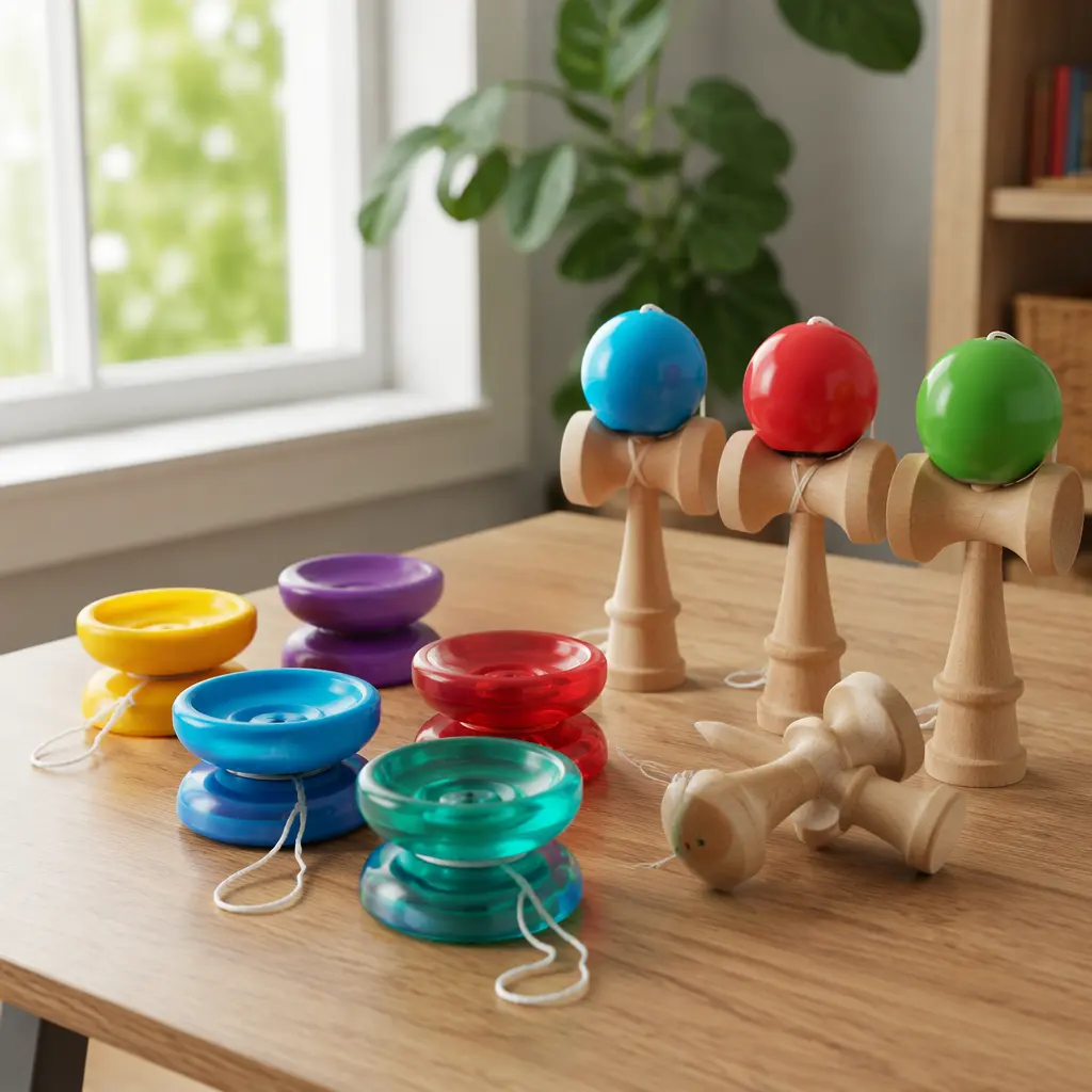 Several beginner yo-yos and wooden kendamas arranged on a table in soft daylight.