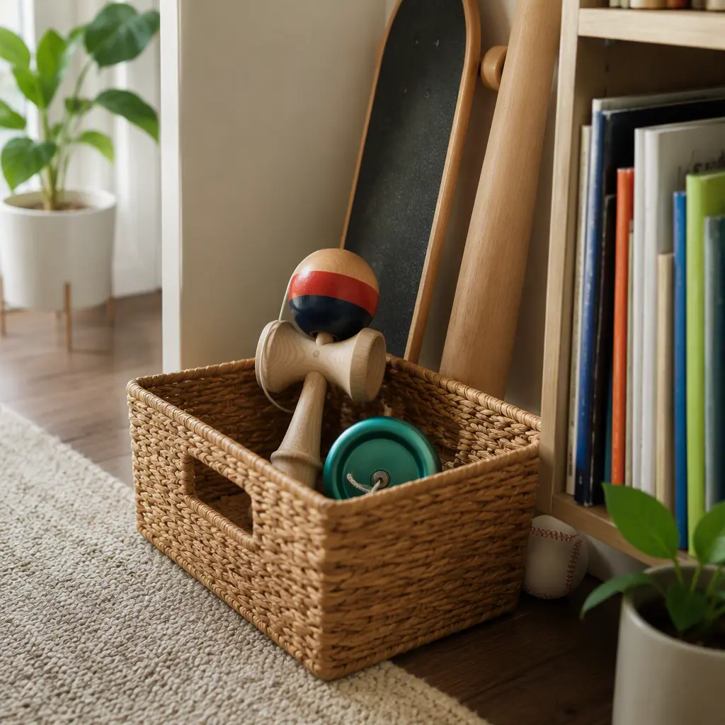 A yo-yo and kendama stored neatly in a home play area beside books and sports equipment.