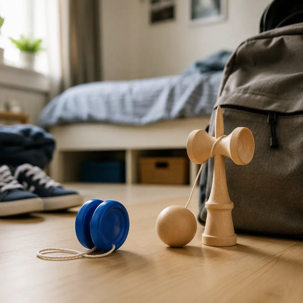 A beginner yo-yo and wooden kendama placed side by side on a bedroom floor in natural light.