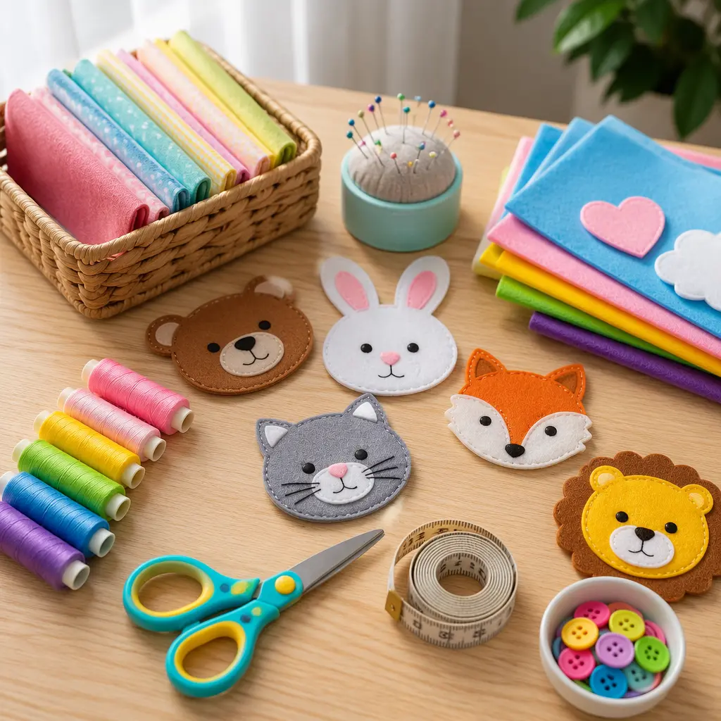 Colorful beginner sewing kit materials spread across a desk