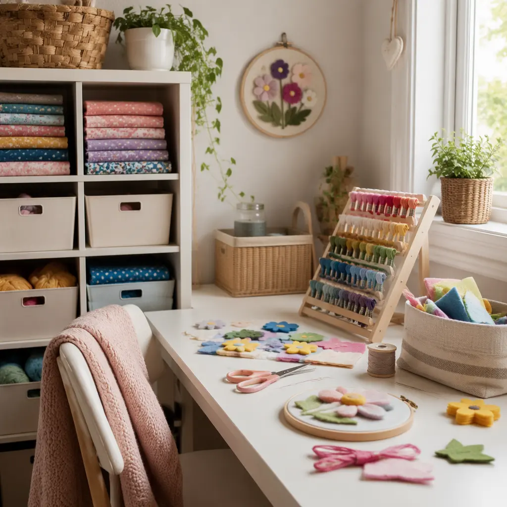 Organized sewing craft area with beginner-friendly materials and fabric projects