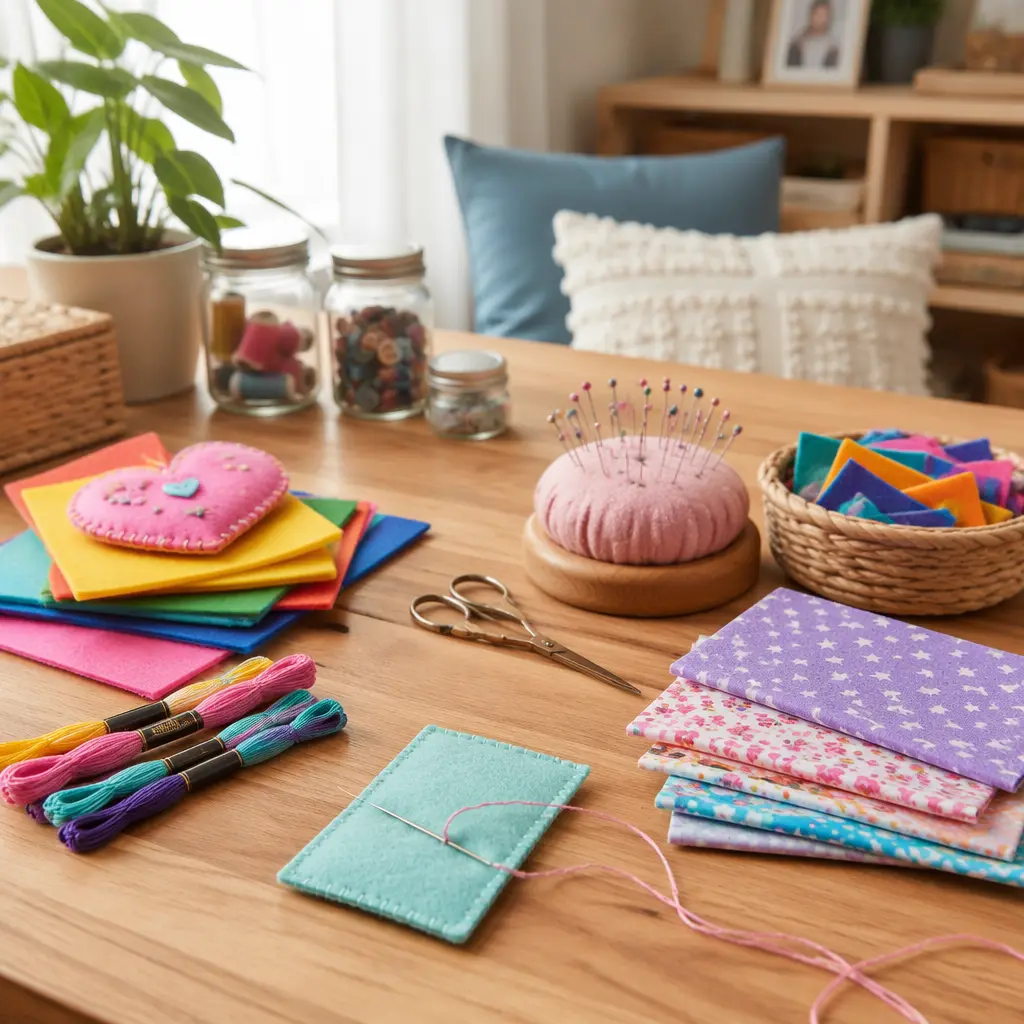 Beginner sewing materials for tweens arranged on a wooden table in natural light