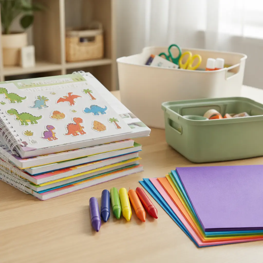 Reusable sticker books and washable preschool art supplies on a table