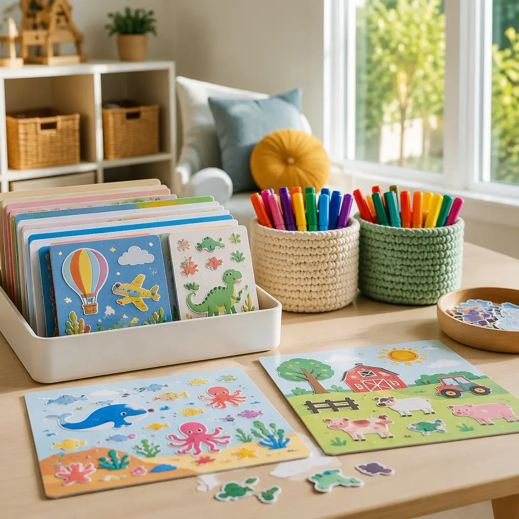 Organized preschool sticker art station with reusable materials