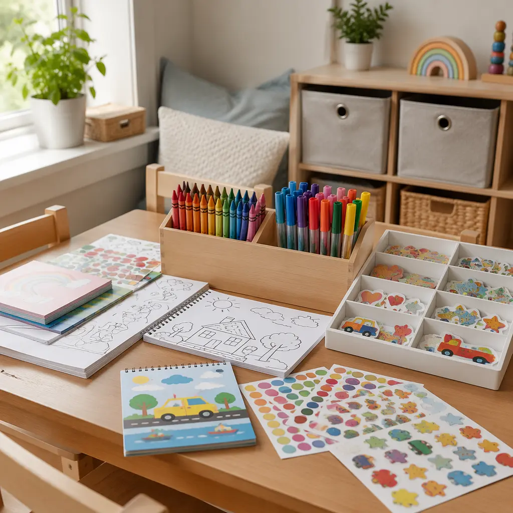 Affordable sticker-themed art kits arranged on a preschool craft table