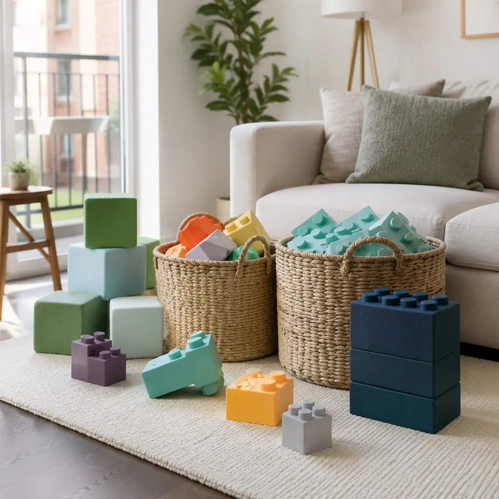 Oversized toddler building blocks stored neatly in baskets beside a sofa