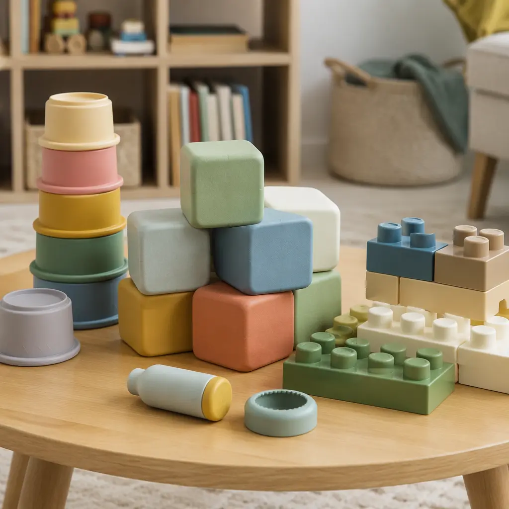 Toddler-safe oversized construction toys on a wooden table in natural light