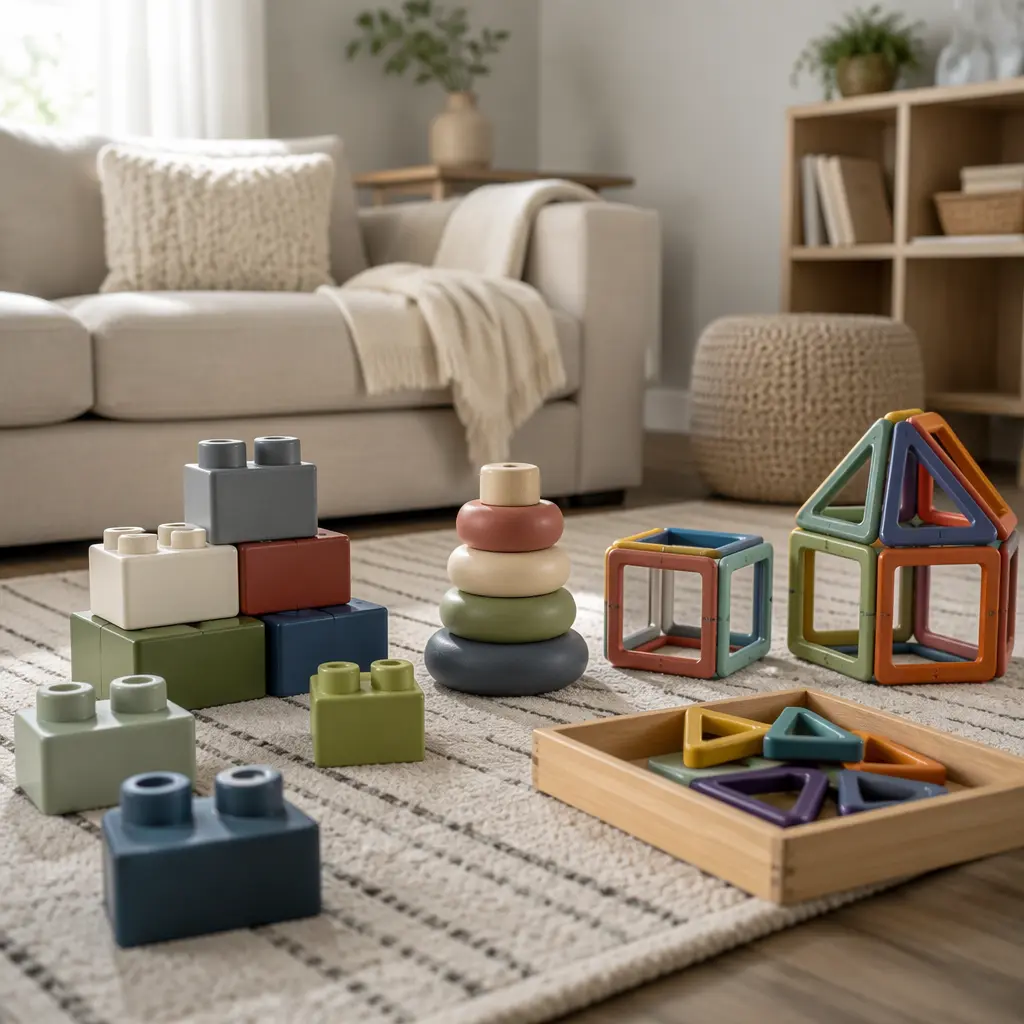 Chunky toddler building toys arranged in a family living room with soft natural light