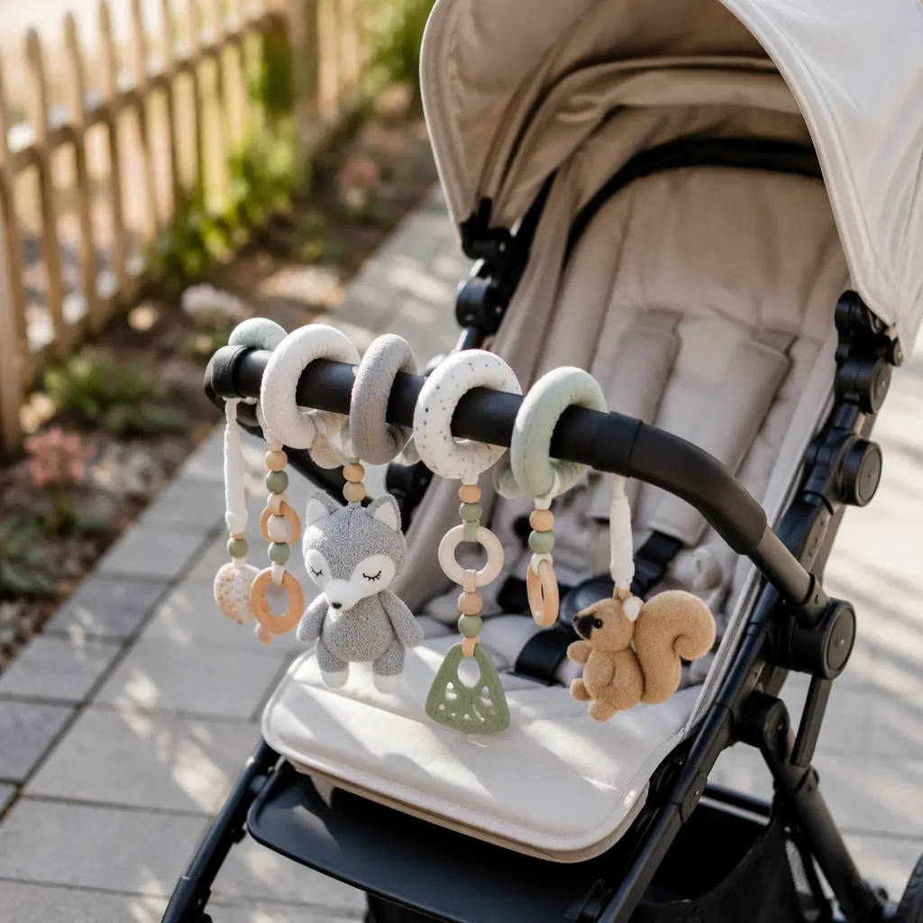 Soft spiral stroller activity toy attached to a stroller bar