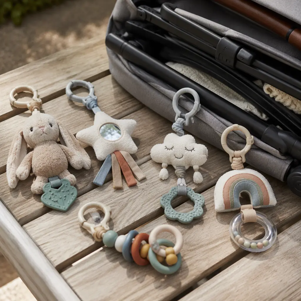 Assorted portable clip-on stroller toys for infants
