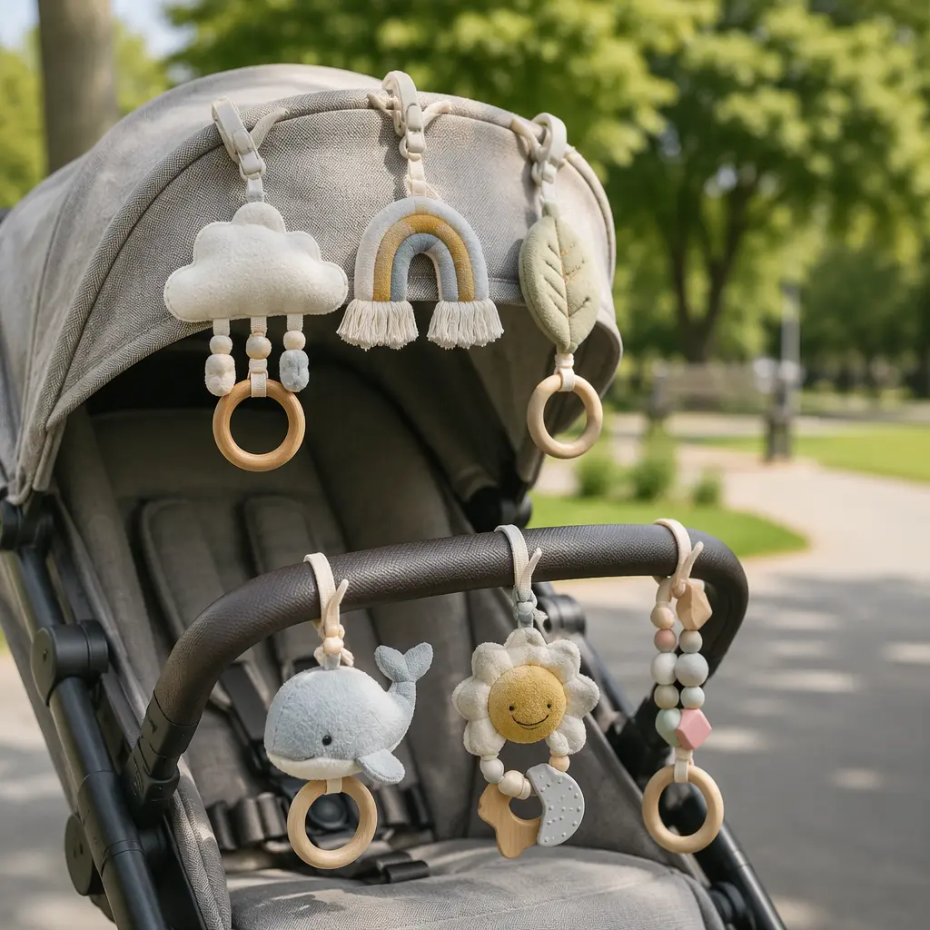 Clip-on baby toys attached to a stroller in soft natural light