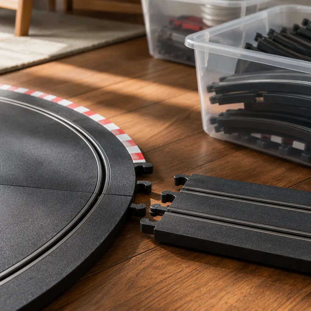 Close-up of clip-together race track sections being assembled on a wooden floor