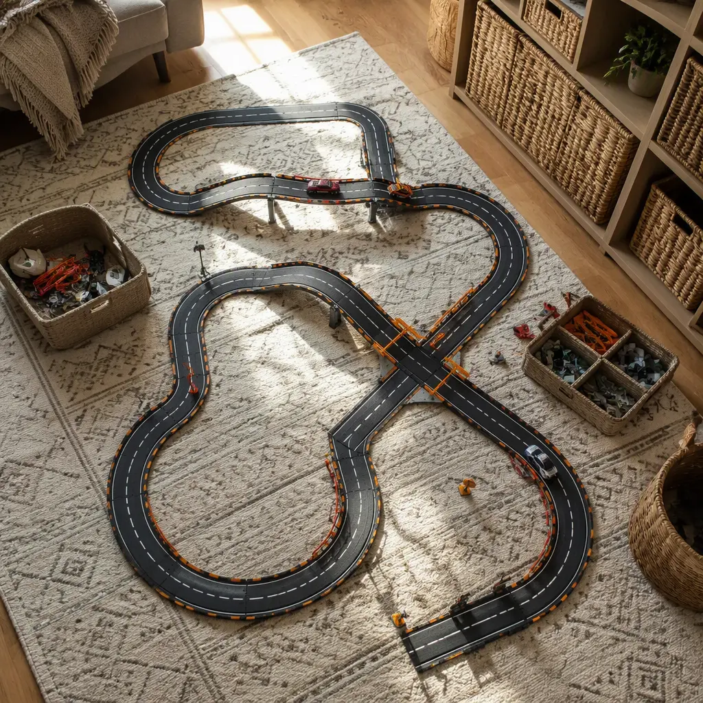Compact race track layout on a rug with nearby storage baskets