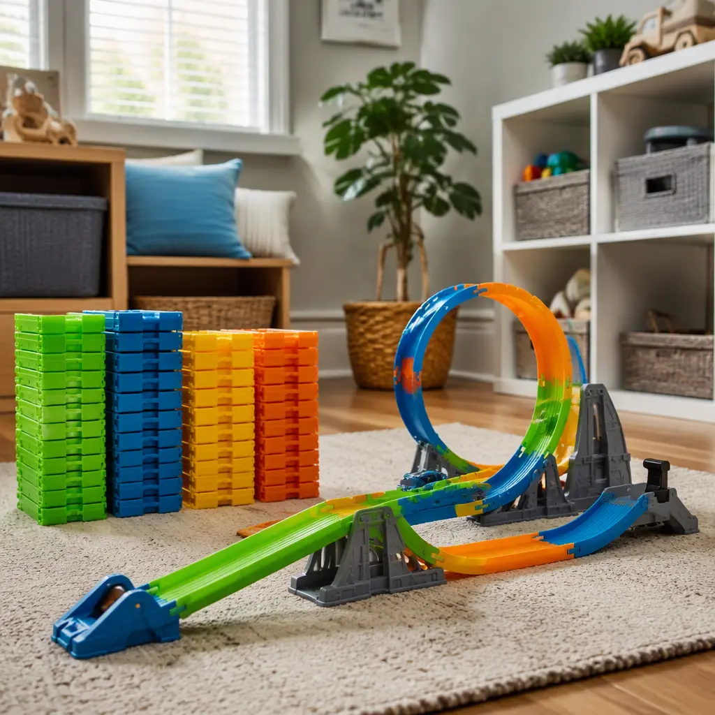 Clip-together race track pieces arranged neatly in a tidy playroom with a compact assembled track