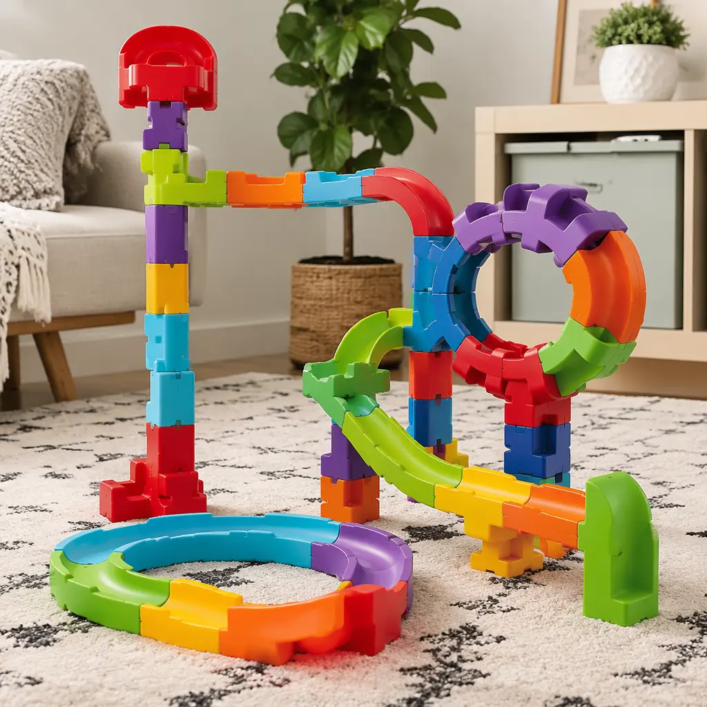 Large toddler construction pieces connected together on a tidy rug