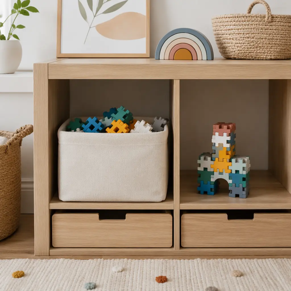 Organized toddler play shelf with chunky clip-together toys stored in a fabric bin
