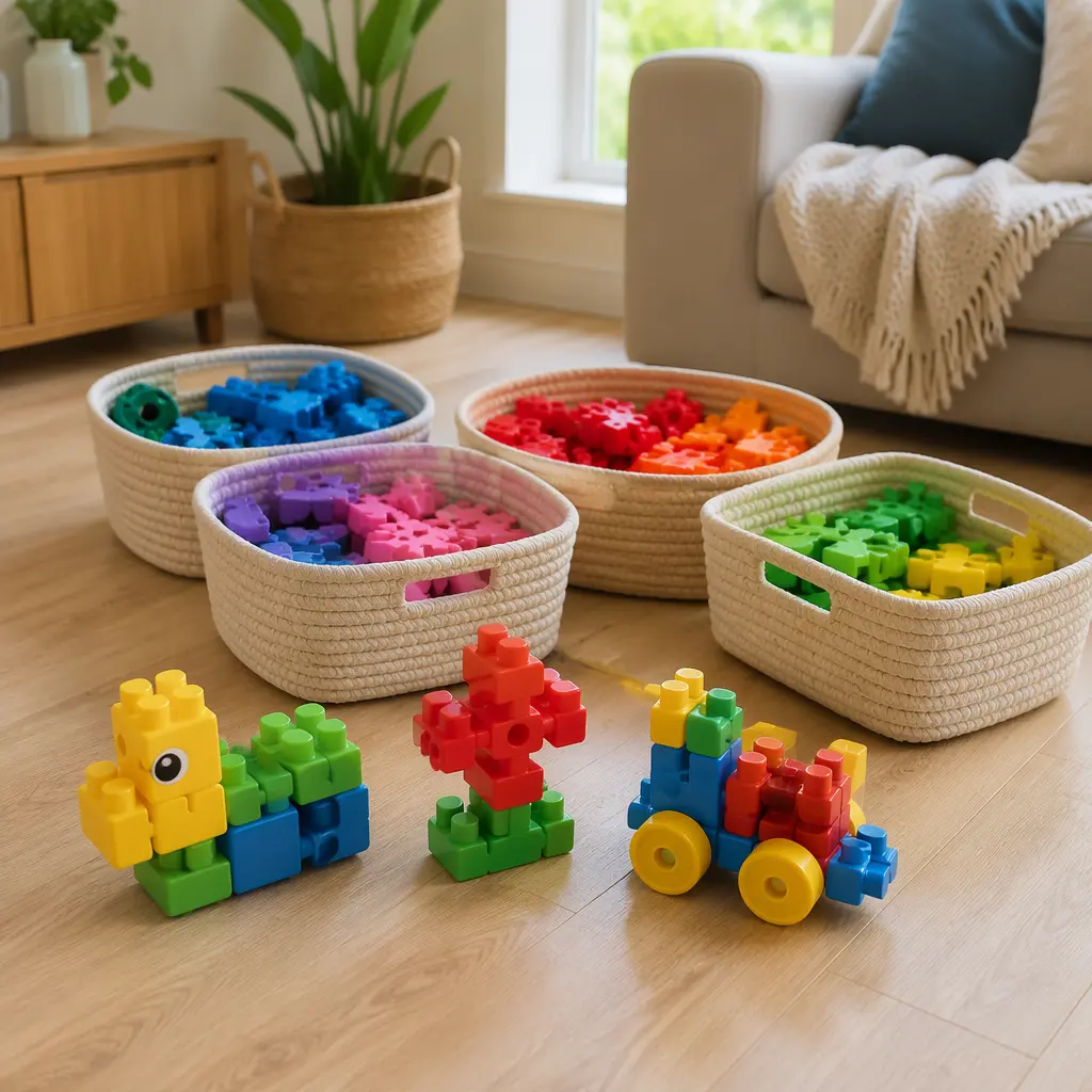 Chunky clip-together toddler building toys stored neatly in baskets on a living room floor