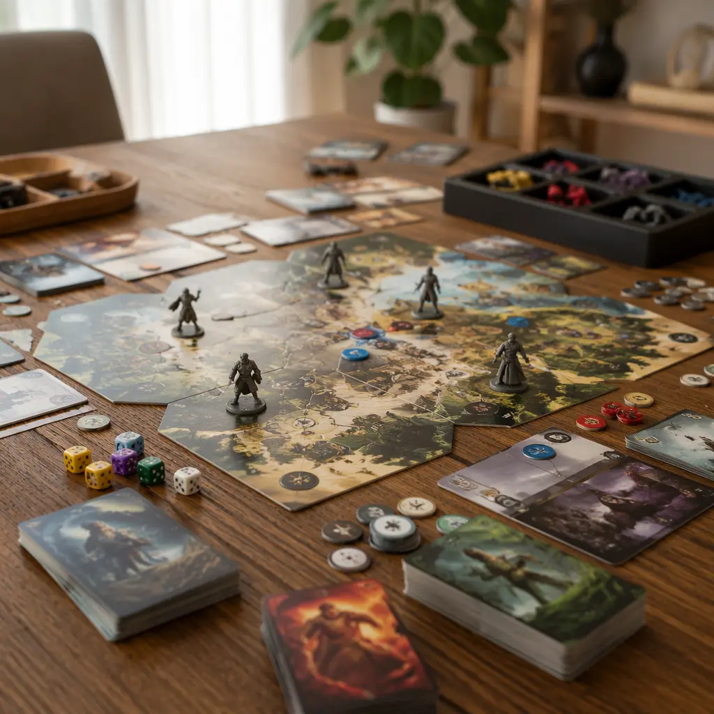 Colorful cooperative board game pieces arranged on a wooden table