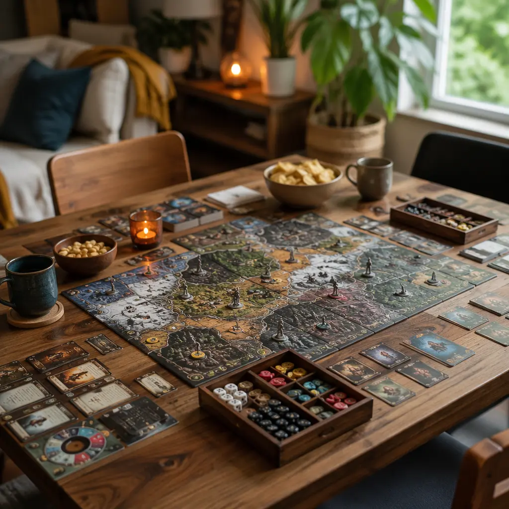 Strategy board game table setup with cards, dice, and tokens in a cozy room