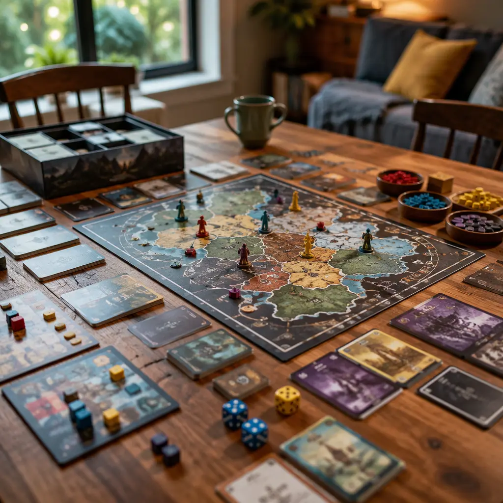 Cooperative board game setup on a dining table with cards and tokens in soft natural light