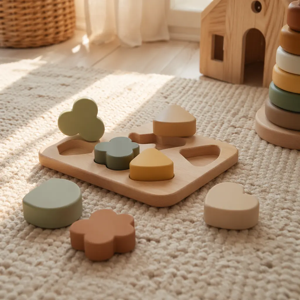Chunky wooden and silicone puzzle pieces on a soft nursery rug