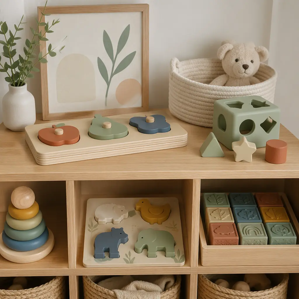 Infant puzzle toys displayed on a nursery shelf with natural lighting