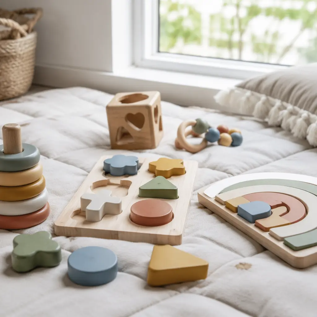 Chunky baby puzzle toys on a neutral play mat in soft natural light