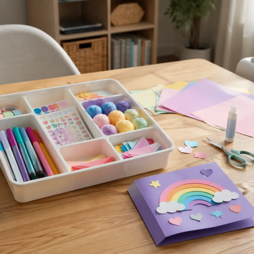 Organized children's craft materials and an easy project setup on a table