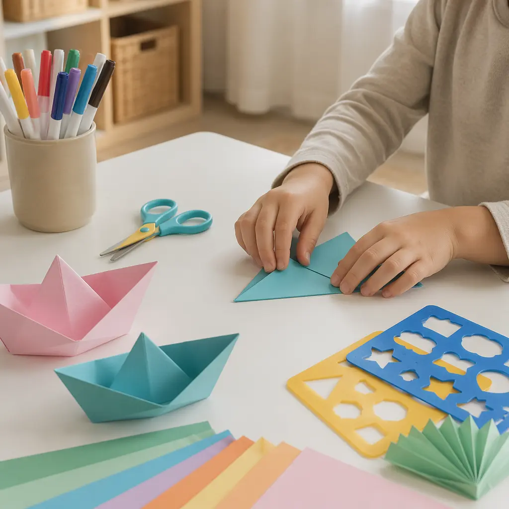 Child making a simple paper craft with organized supplies at a clean table