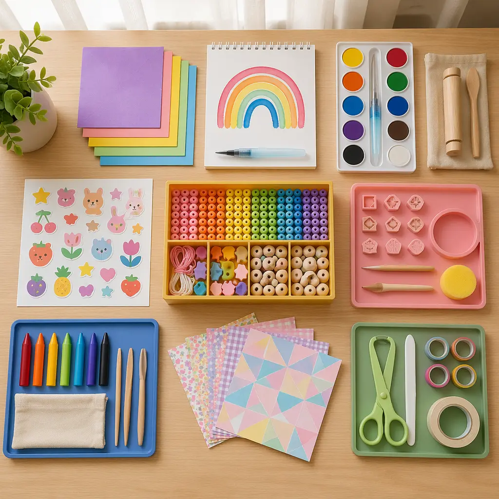 Colorful low-mess art kits for children arranged on a wooden table in soft natural light