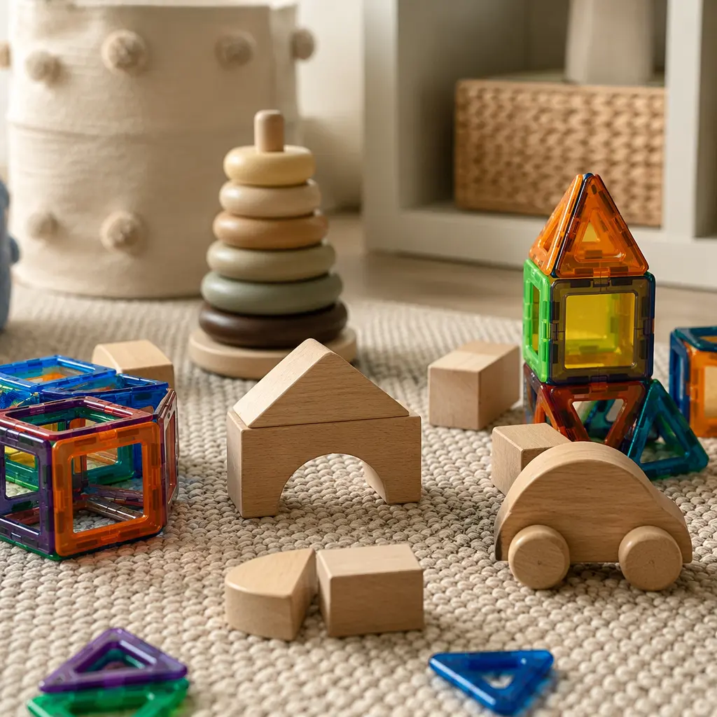 Quiet construction toys for preschoolers on a woven rug