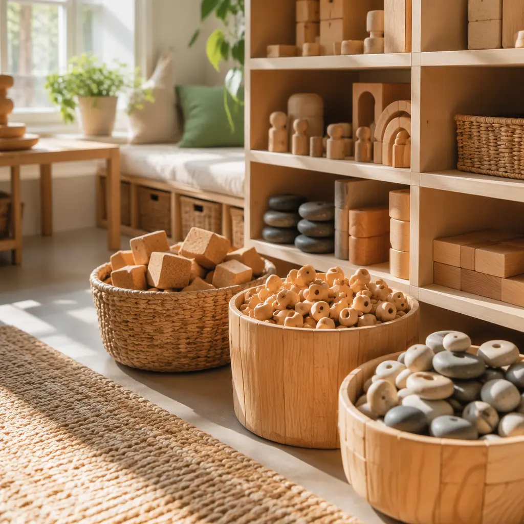 Organized quiet building toys stored in baskets near a playroom shelf