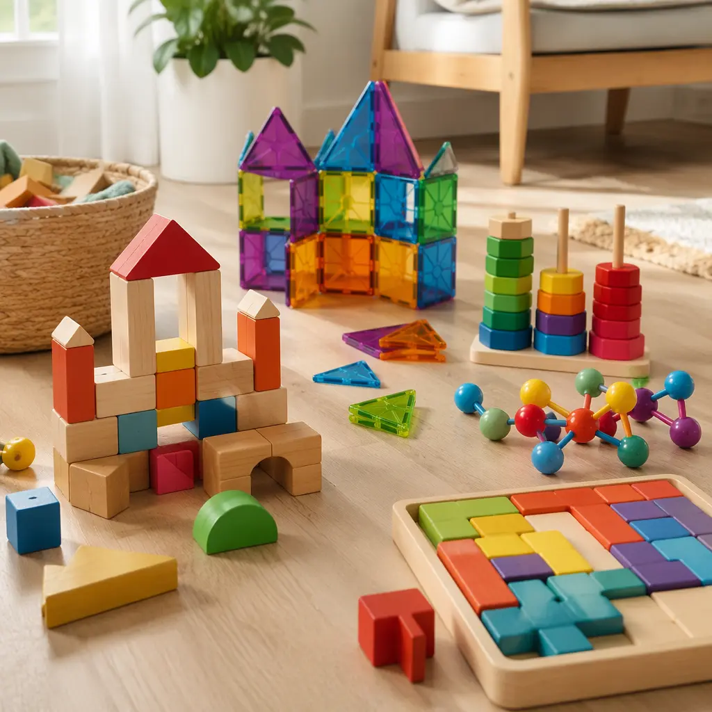 Screen-free building toys arranged on a playroom floor in soft natural light
