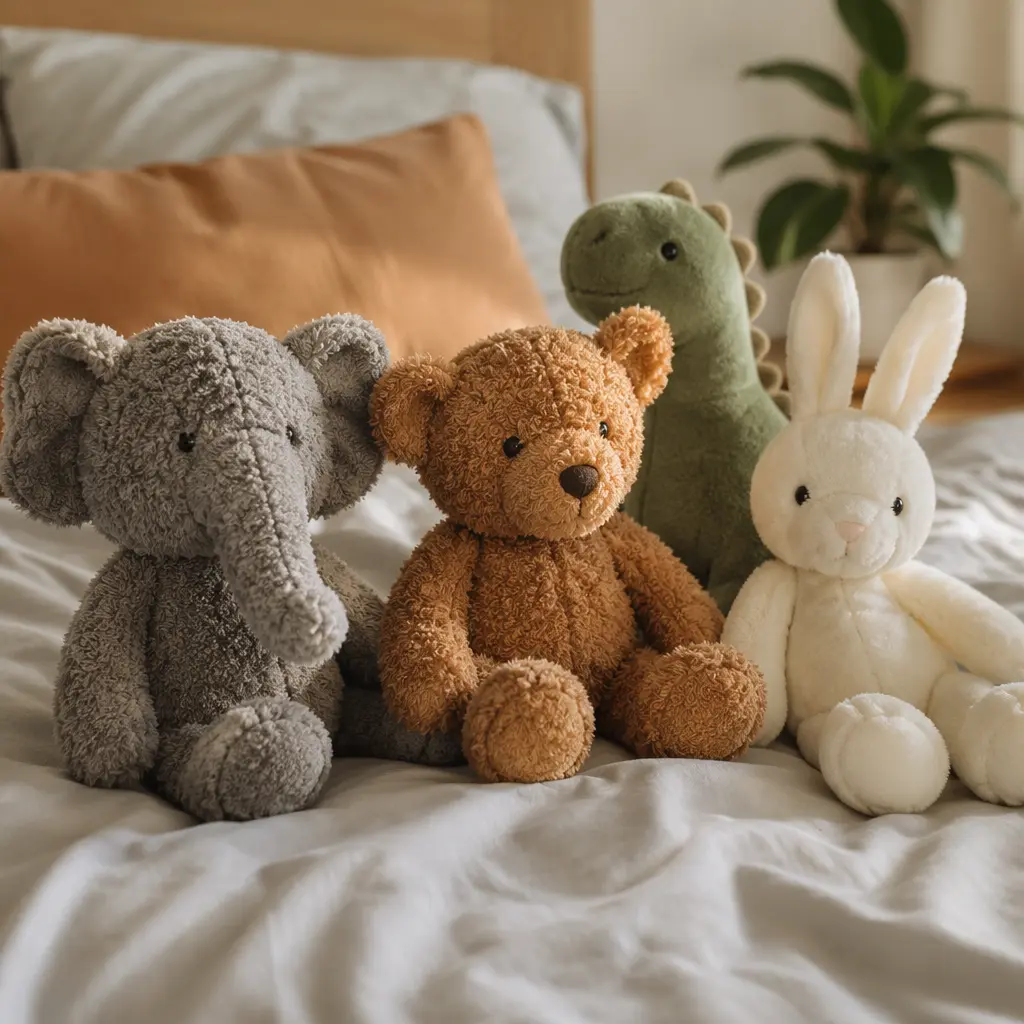 Lightweight plush toys arranged on breathable bedding