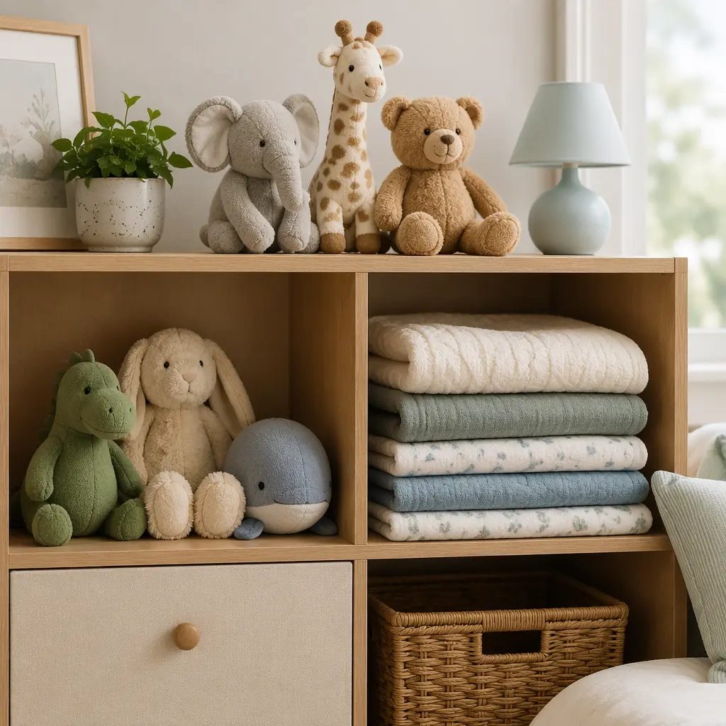 Small plush toys stored neatly on a bedroom shelf
