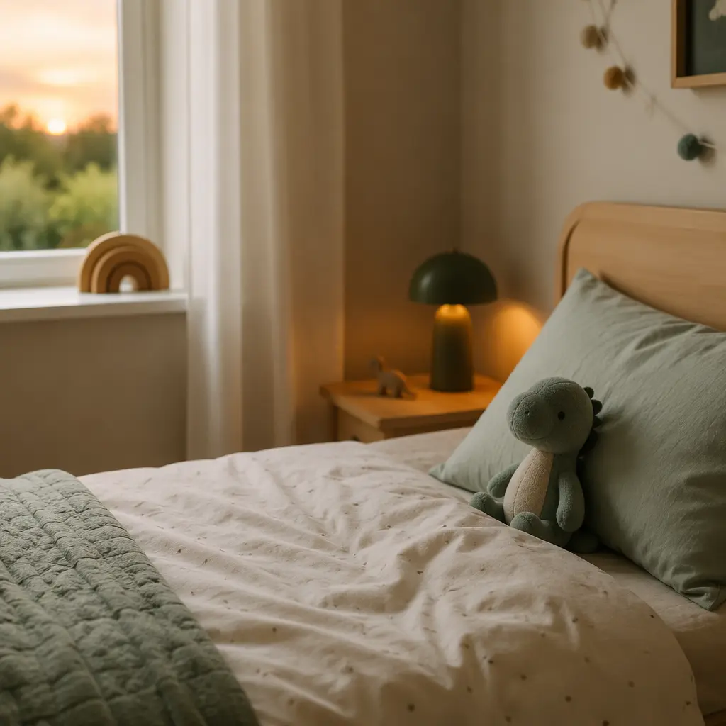 Small plush toy resting on breathable bedding in a softly lit children's bedroom
