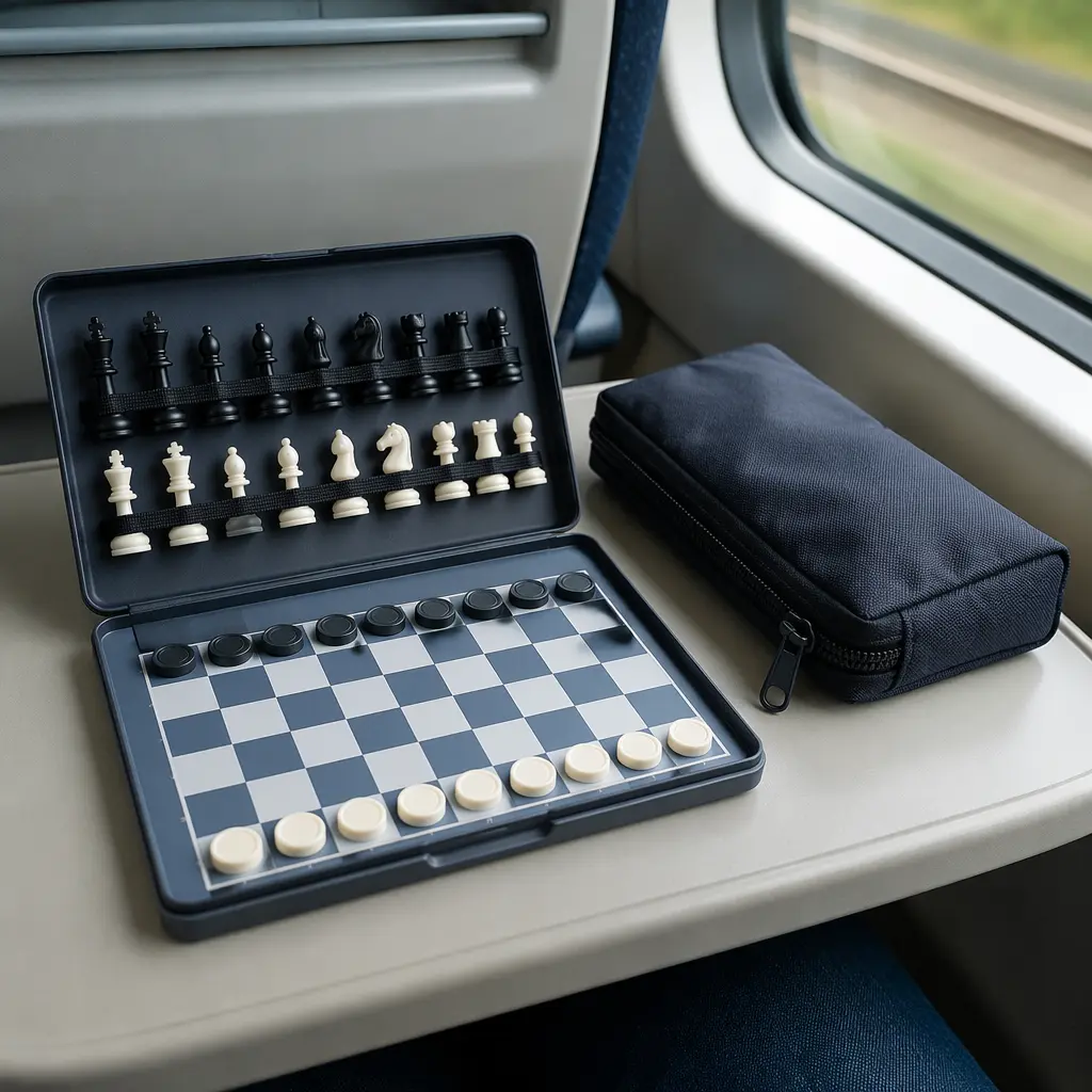 Magnetic travel game on a train tray table