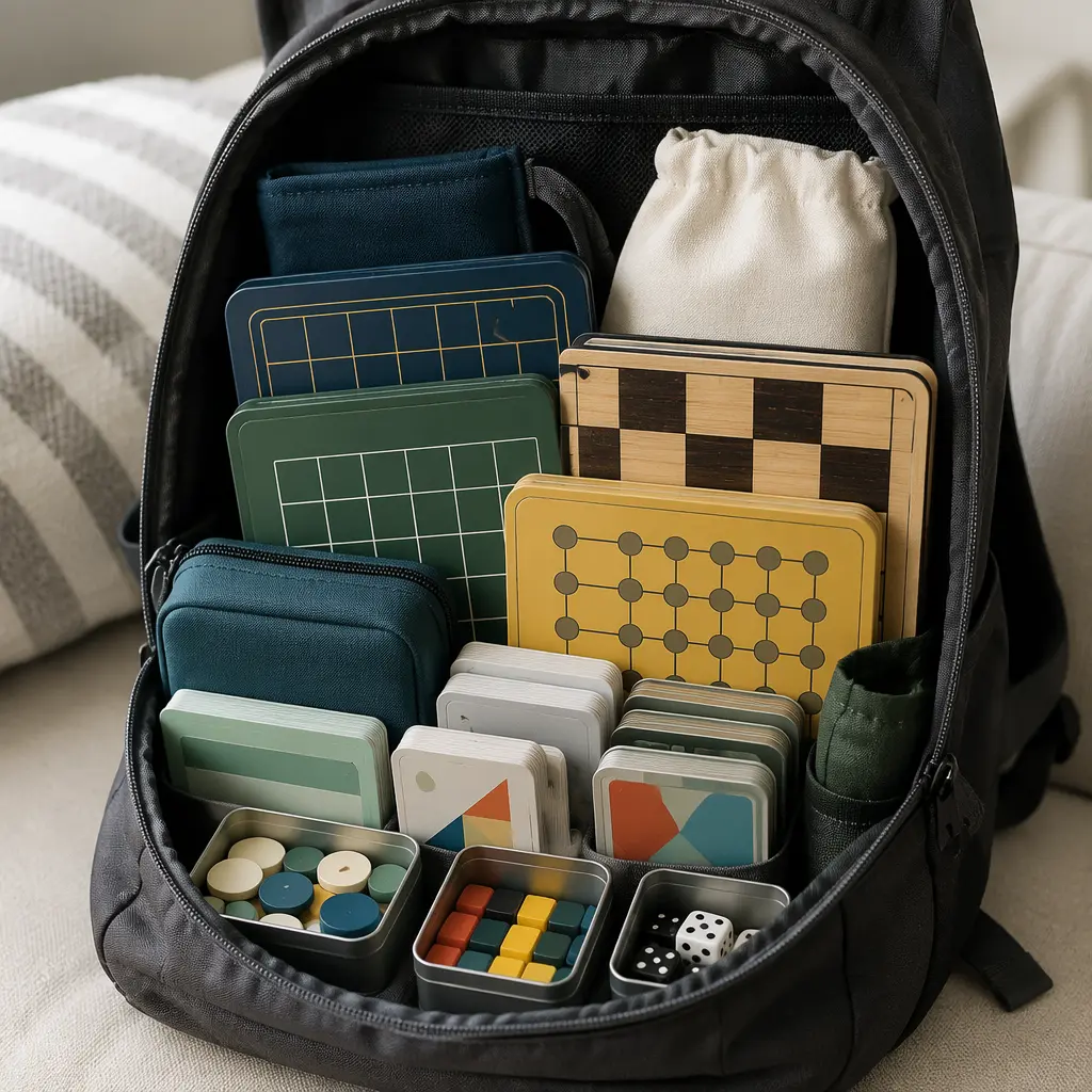Portable travel games packed inside a backpack