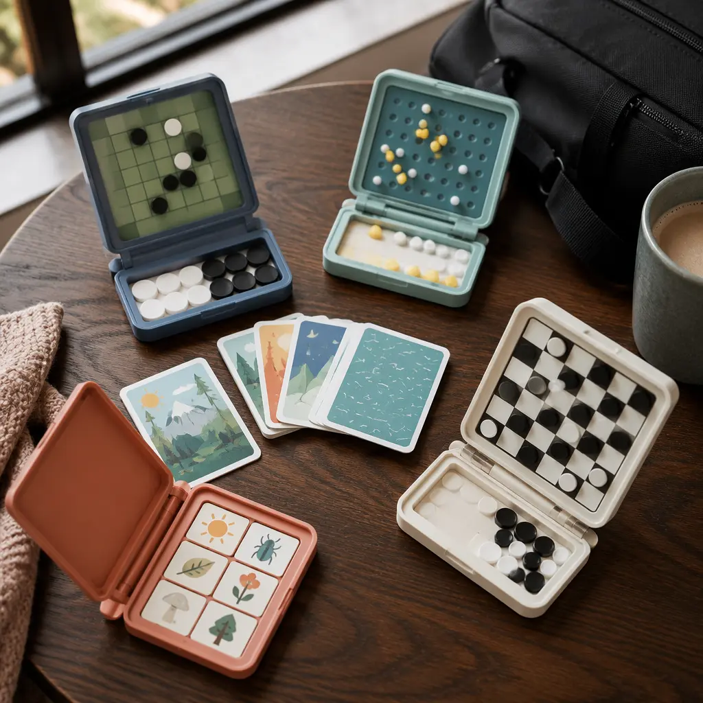 Compact travel board games arranged on a cafe table beside a backpack