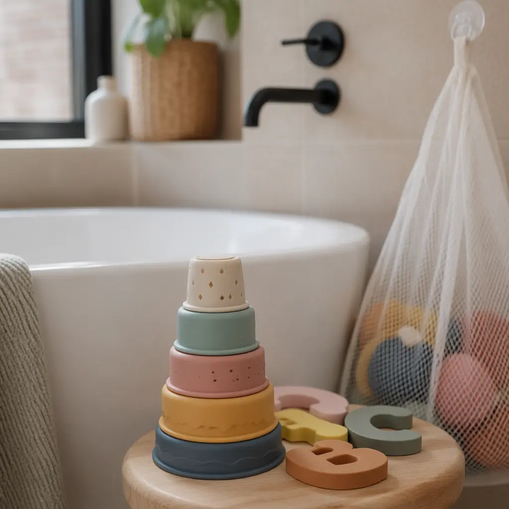 Quiet bath toys drying beside a compact bathtub