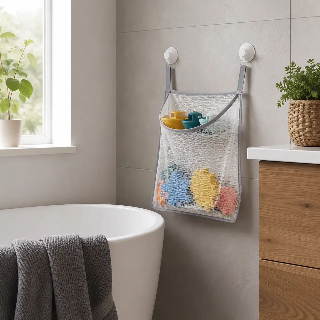 Compact bath toy storage in a small apartment bathroom