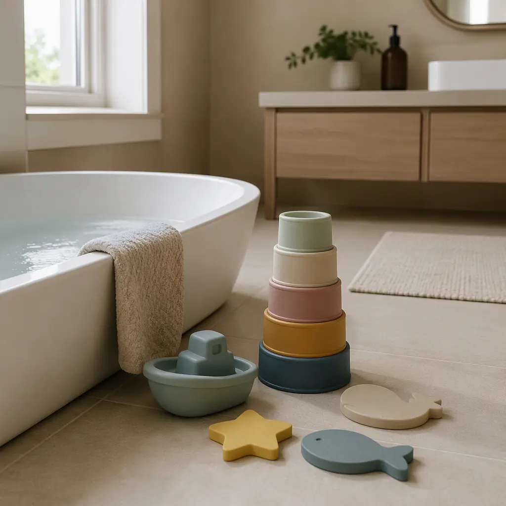 Quiet toddler bath toys arranged beside a small apartment bathtub