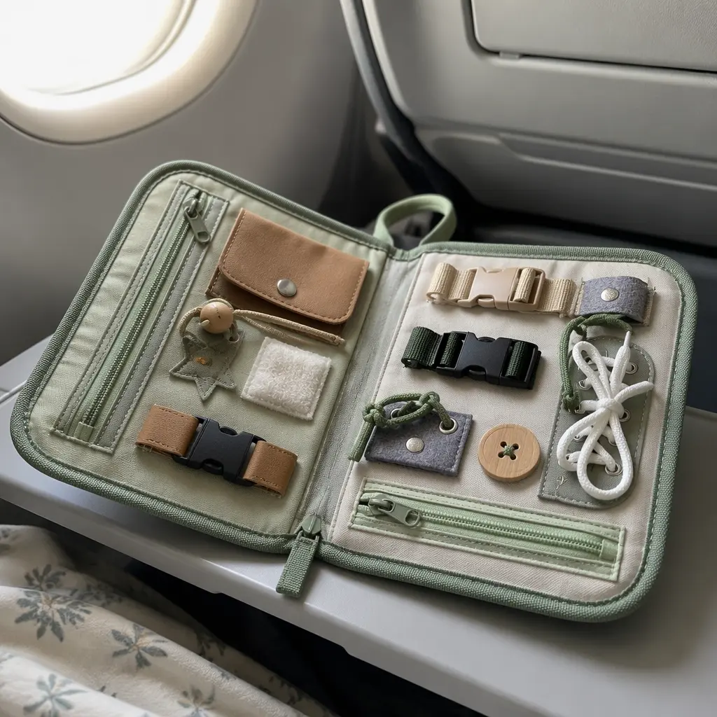 Soft toddler busy board opened on a travel tray table