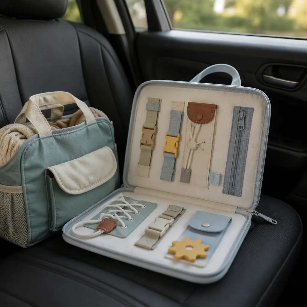 Compact toddler busy board designed for car travel
