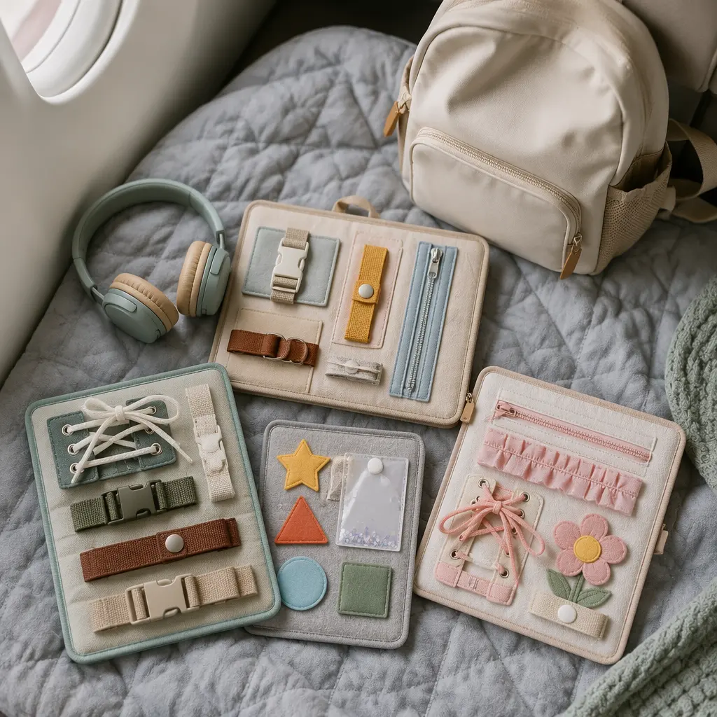Quiet toddler busy boards with buckles and zippers arranged for travel play